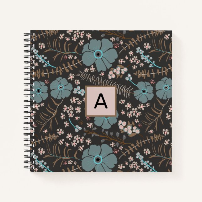 Floral Mix Teal Grey Pink Personalised Notebook (Front)
