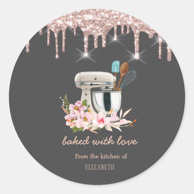 Floral Mixer Glitter Drips Bakery   Classic Round Sticker (Front)