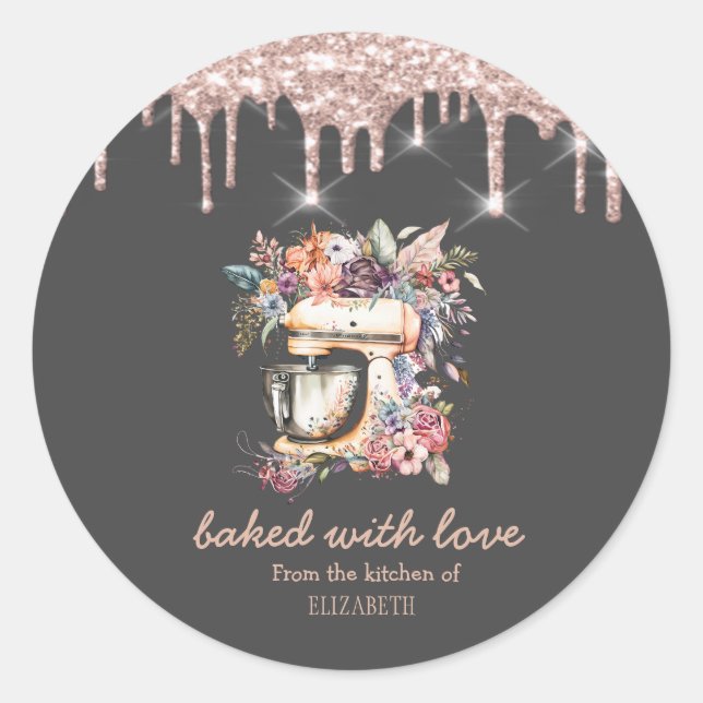 Floral Mixer Rose Gold Drips Bakery   Classic Round Sticker (Front)