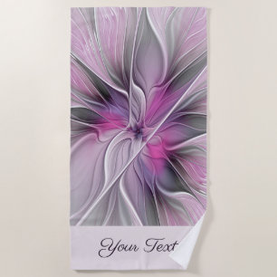Floral Modern Abstract Art Flower Pink Grey Name Beach Towel