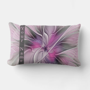 Floral Modern Abstract Art Flower Pink Grey Name Lumbar Cushion