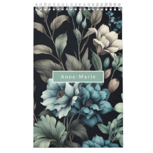 Floral modern black blue girly elegant stylish calendar