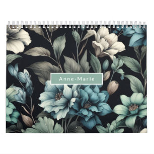 Floral modern black blue girly elegant stylish calendar