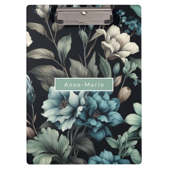 Floral modern black blue girly elegant stylish clipboard (Front)