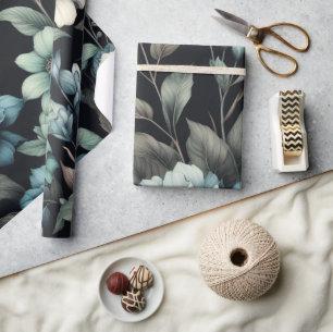 Floral modern black blue girly elegant stylish wrapping paper