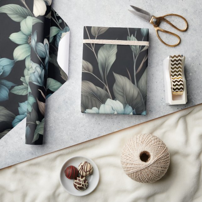 Floral modern black blue girly elegant stylish wrapping paper (Crafts)