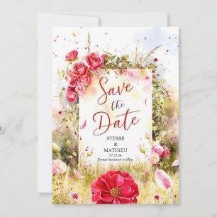 Floral Modern Crimson Red Roses Wedding Save The Date
