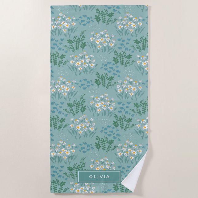 Floral modern daisy blue girly elegant stylish beach towel (Front)