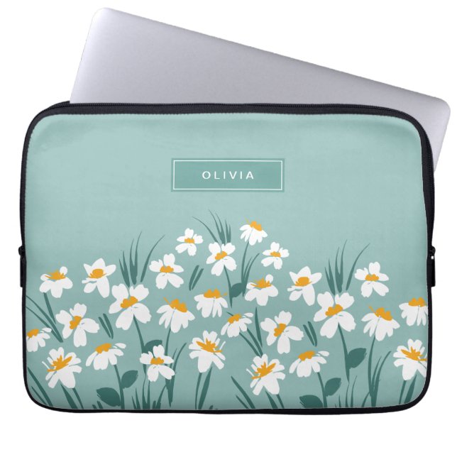 Floral modern daisy blue girly elegant stylish laptop sleeve (Front)