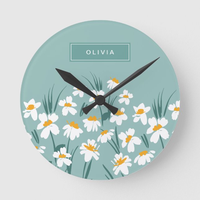 Floral modern daisy blue girly elegant stylish round clock (Front)