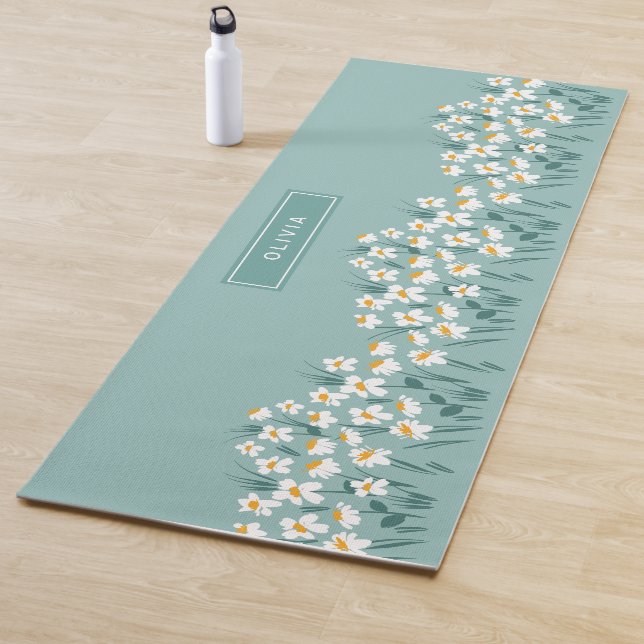 Floral modern daisy blue girly elegant stylish yoga mat (In Situ)