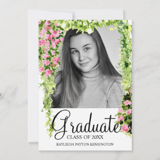 Floral Modern Elegant Script Graduation Photo   Announcement
