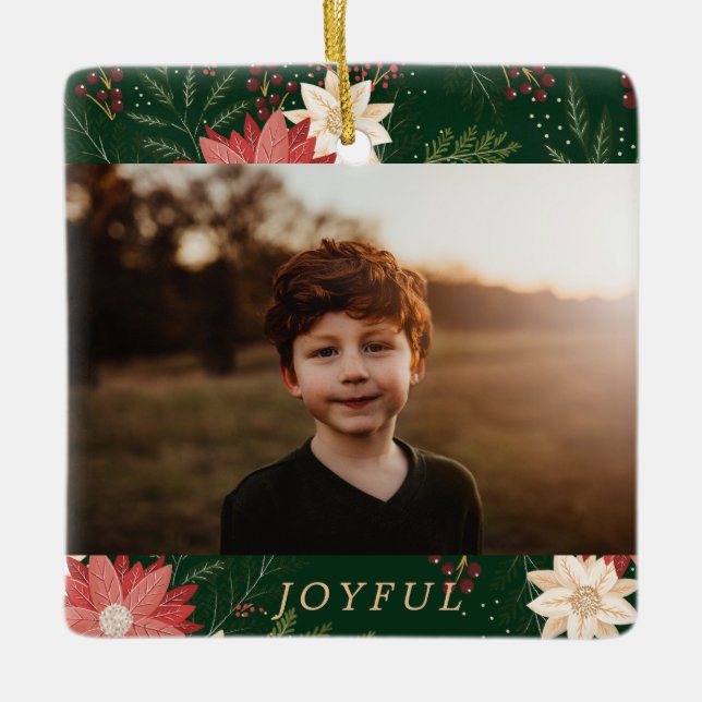 floral modern kids joyful christmas photo ceramic ornament (Front)