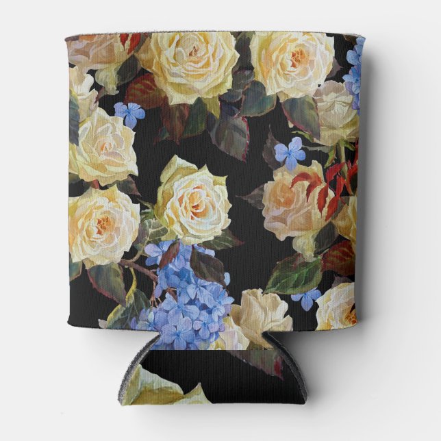 Floral modern pattern, white roses, blue hydrangea can cooler (Front)