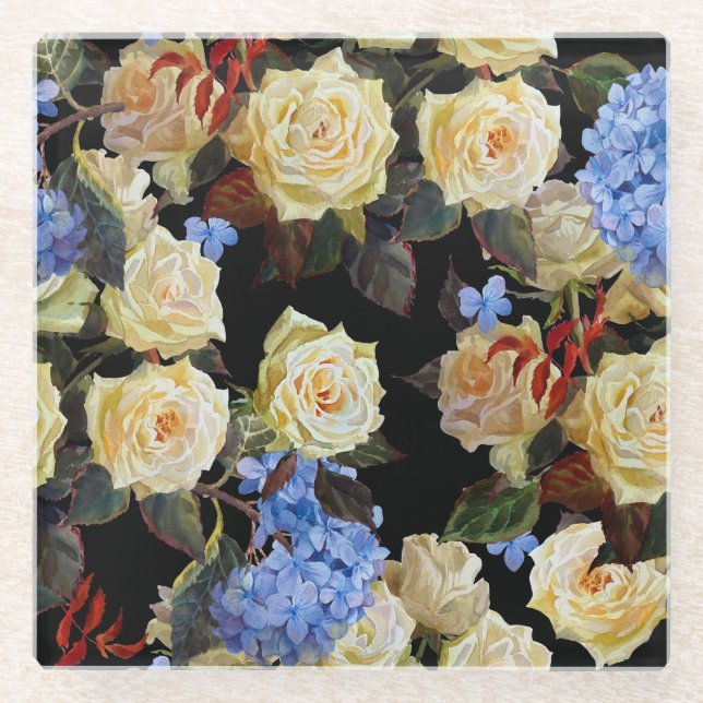 Floral modern pattern, white roses, blue hydrangea glass coaster (Front)