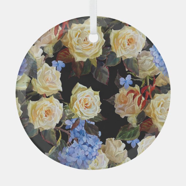 Floral modern pattern, white roses, blue hydrangea glass tree decoration (Front)