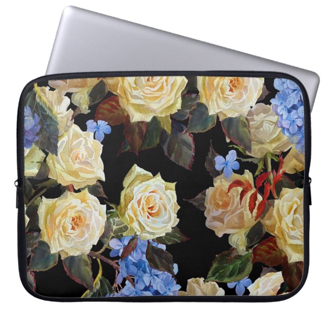 Floral modern pattern, white roses, blue hydrangea laptop sleeve (Front)