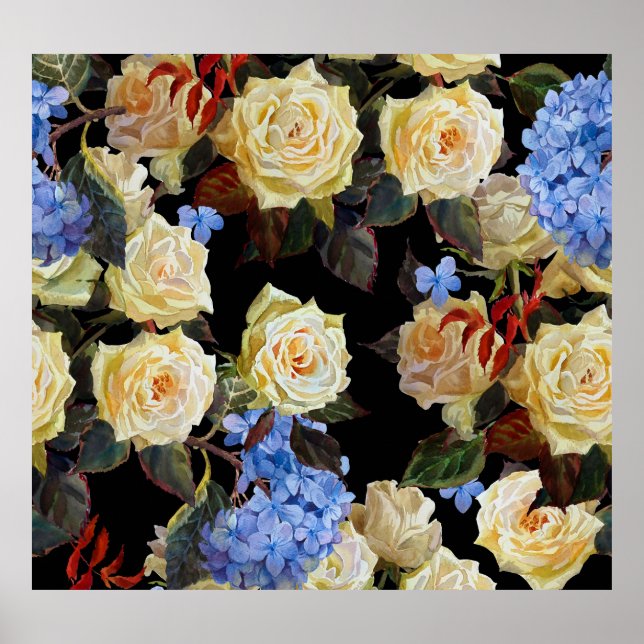 Floral modern pattern, white roses, blue hydrangea poster (Front)