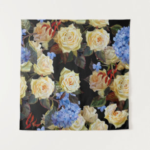 Floral modern pattern, white roses, blue hydrangea tapestry