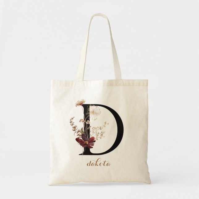 Floral Modern Personalised Monogram Letter "D" Tote Bag (Front)