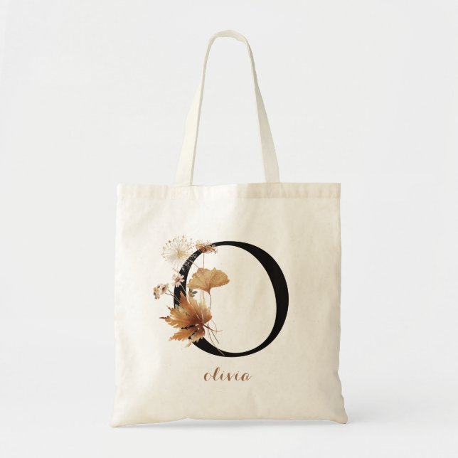 Floral Modern Personalised Monogram Letter "O" Tote Bag (Front)