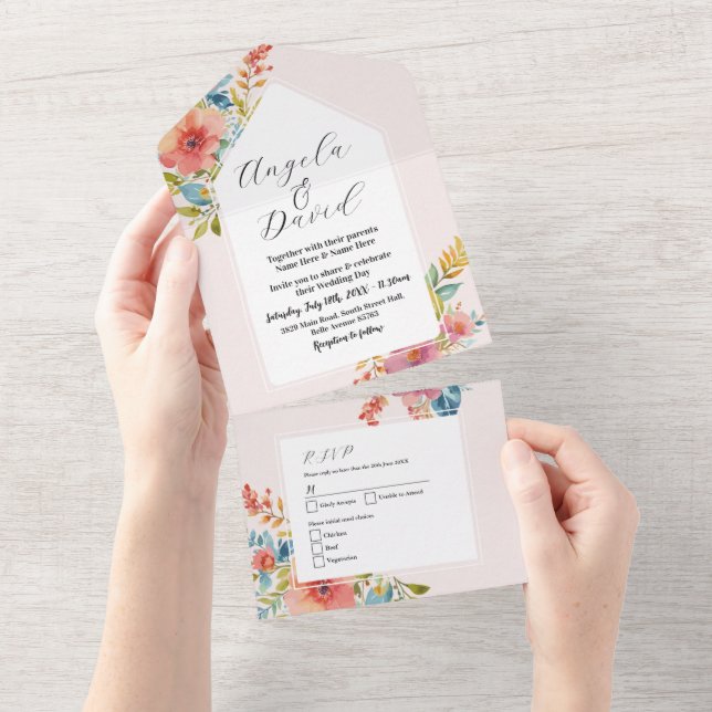 Floral Modern Pink Wedding Invite & RSVP (Tearaway)
