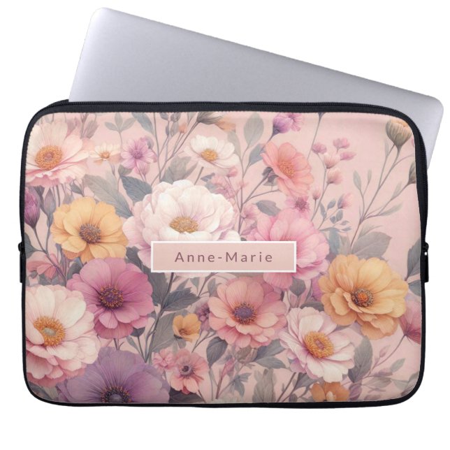 Floral modern rose pink girly elegant stylish  laptop sleeve (Front)