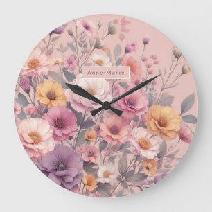 Floral modern rose pink girly elegant stylish large clock