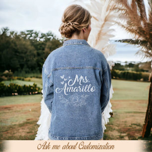  Floral Modern Script Custom Mrs Bride Wedding Denim Jacket