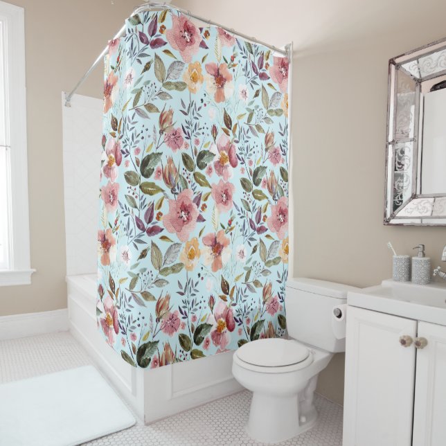 Floral Modern Summer Flower Pattern on Teal Shower Curtain (In Situ)