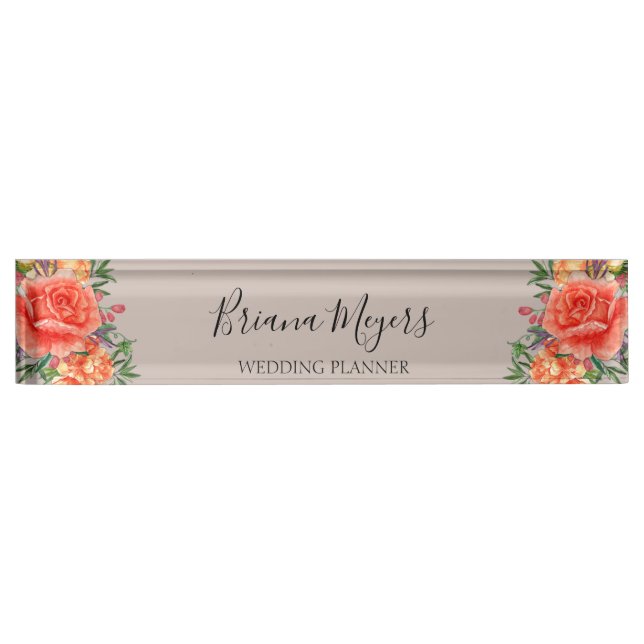 Floral Modern Taupe Business Nameplate (Front)