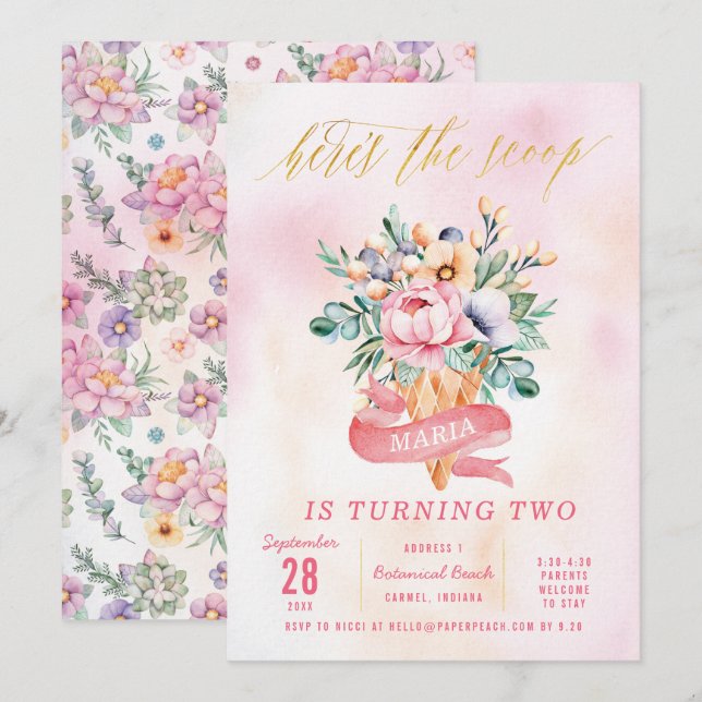 Floral Modern Watercolor Birthday Party Invitation (Front/Back)