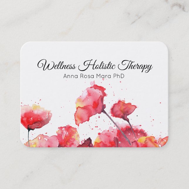 *~* Floral Modern Watercolor Red Poppy Flowers Business Card (Front)