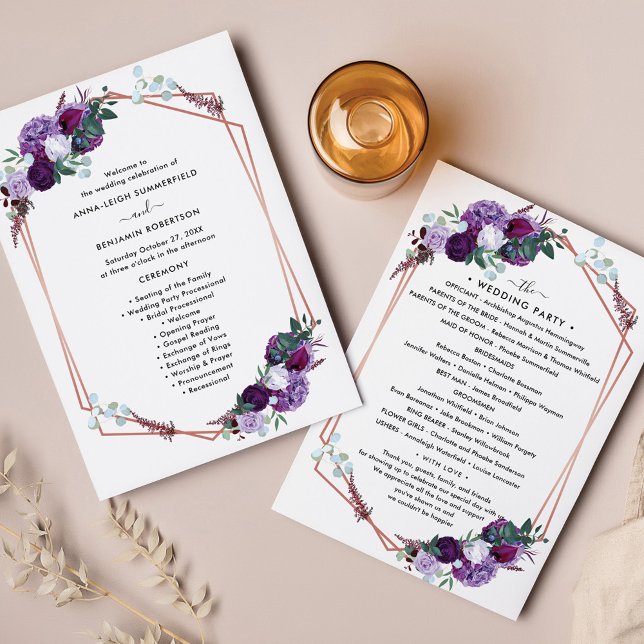 Floral Modern Wedding Itinerary Program (Purple Floral Wedding Program and Itinerary)