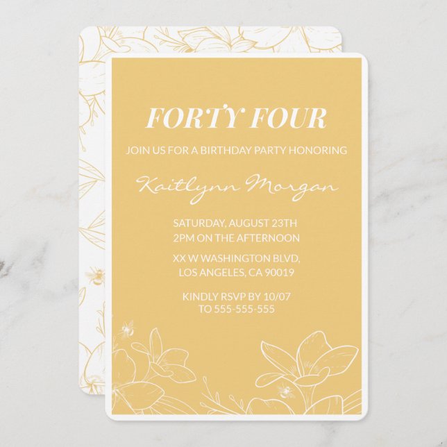 Floral Modern Yellow 44th birthday invitations  (Front/Back)