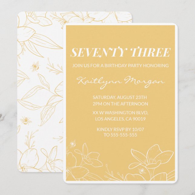 Floral Modern Yellow 73rd birthday invitations  (Front/Back)