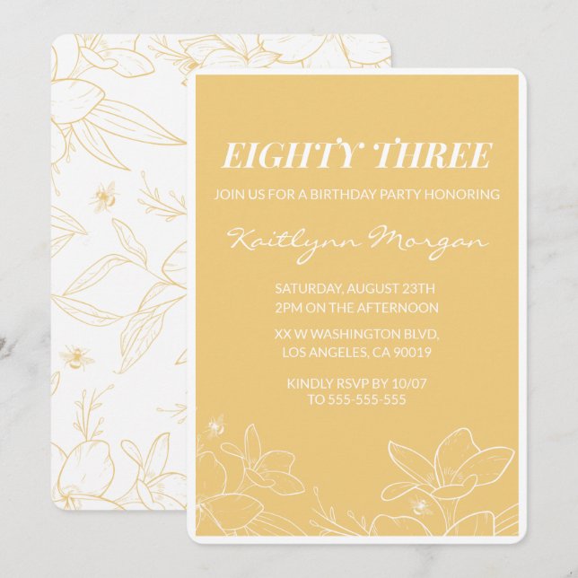 Floral Modern Yellow 83rd birthday invitations  (Front/Back)