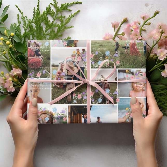 Floral MOM Photo Collage | Personalised 10 Photo Wrapping Paper (Creator Uploaded)