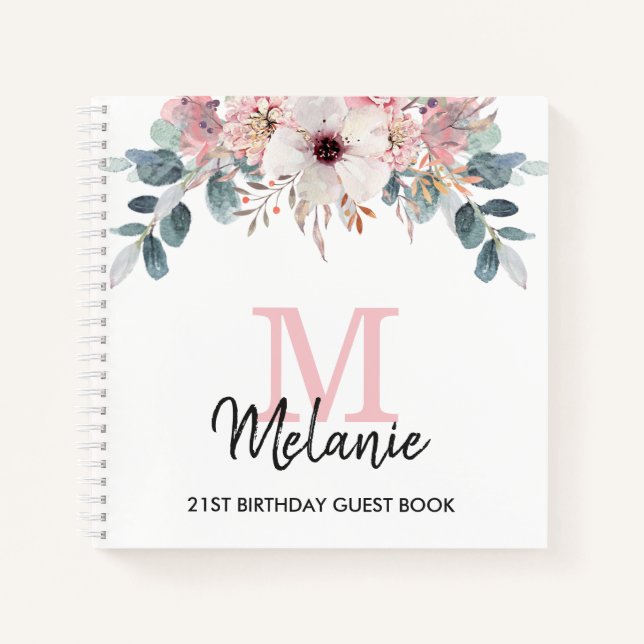Floral Monogram 21st Birthday Party Guest Book  (Front)