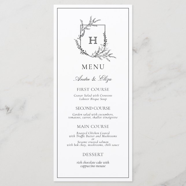 Floral Monogram Black and White Wedding Menu (Front)