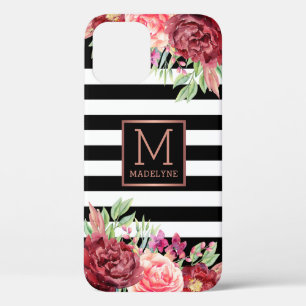 Floral Monogram Black White Striped Rose Gold iPhone 12 Case