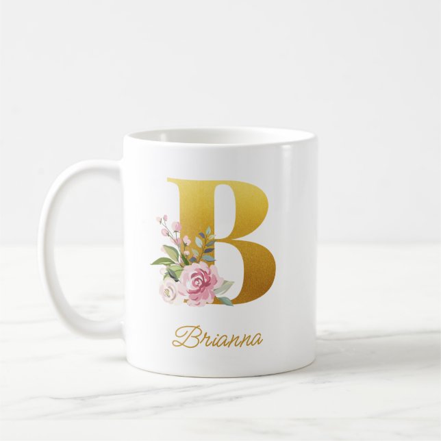 Floral Monogram Botanical Name Initial Bridesmaid Coffee Mug (Left)