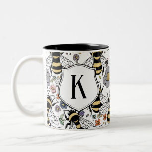 Floral Monogram Bumble Bee  Two-Tone Coffee Mug