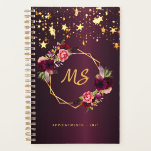 Floral monogram burgundy gold stars geometric planner