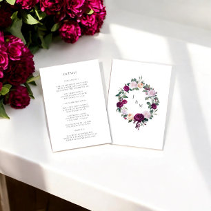 Floral monogram burgundy wedding details card