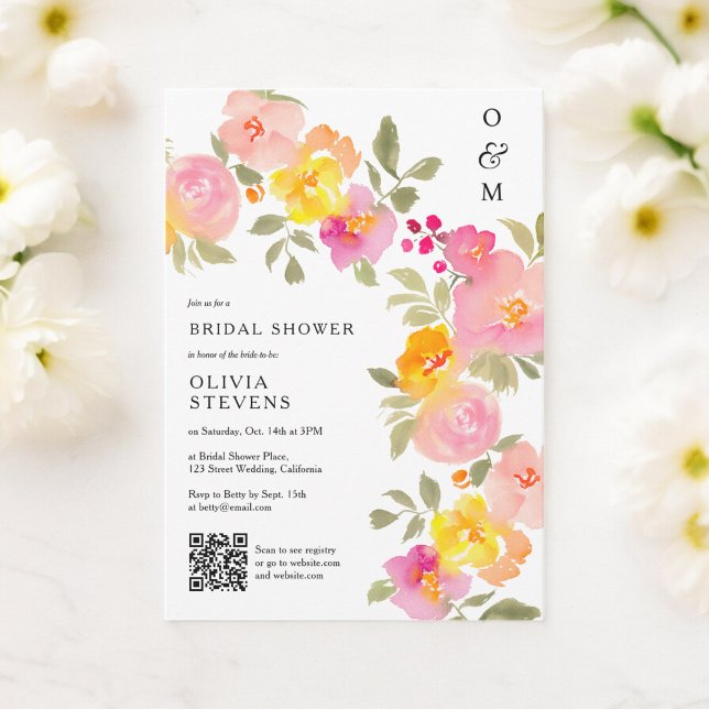 Floral monogram chic Qr code photo bridal shower Invitation (Floral monogram chic Qr code photo bridal shower Invitation)