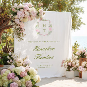 Floral Monogram Crest Wedding Backdrop Tapestry