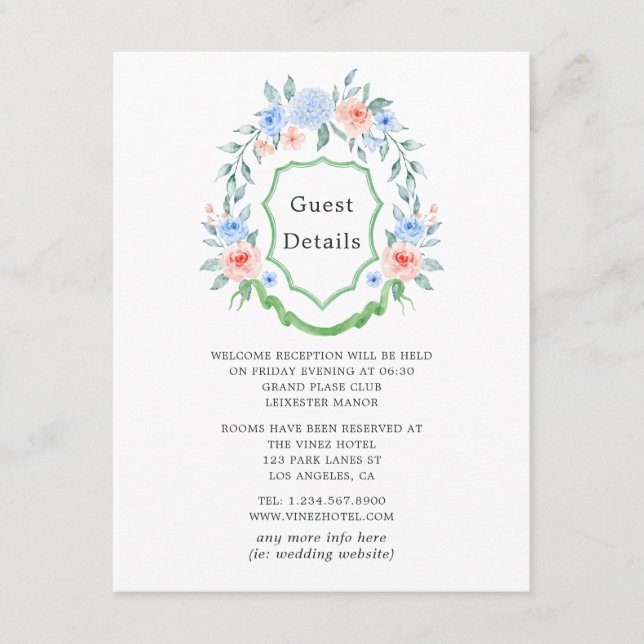 Floral Monogram Crest Wedding Guest Details Enclosure Card (Front)