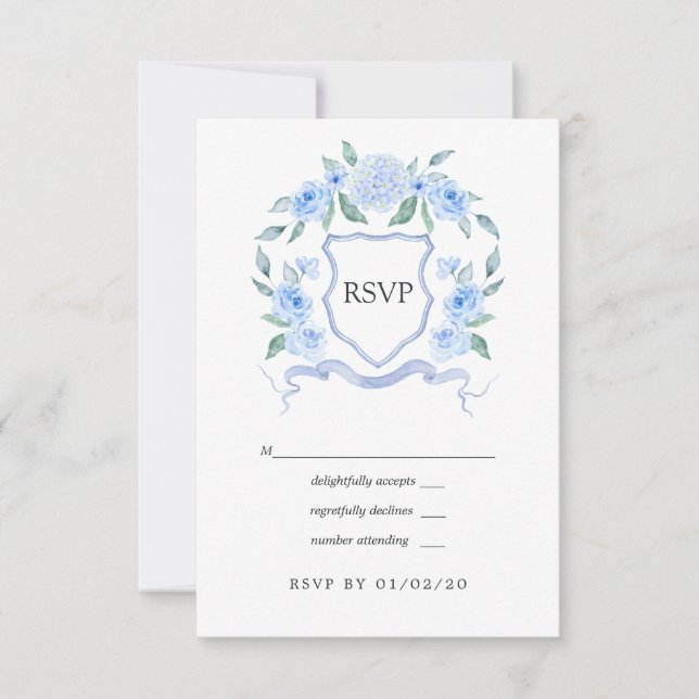 Floral Monogram Crest Wedding RSVP Card (Front)