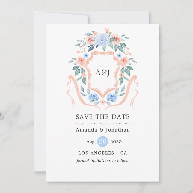 Floral Monogram Crest Wedding Save The Date (Front)